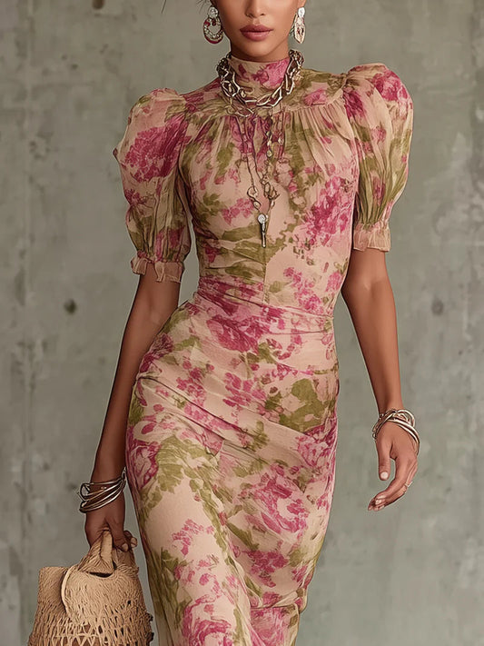 Ines | Vestito Maxi Floreale con Collo Alla Coreana e Maniche a Palloncino da Donna