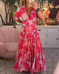 Mila | Vestito Maxi Floreale con Scollo a V e Maniche Corte da Donna