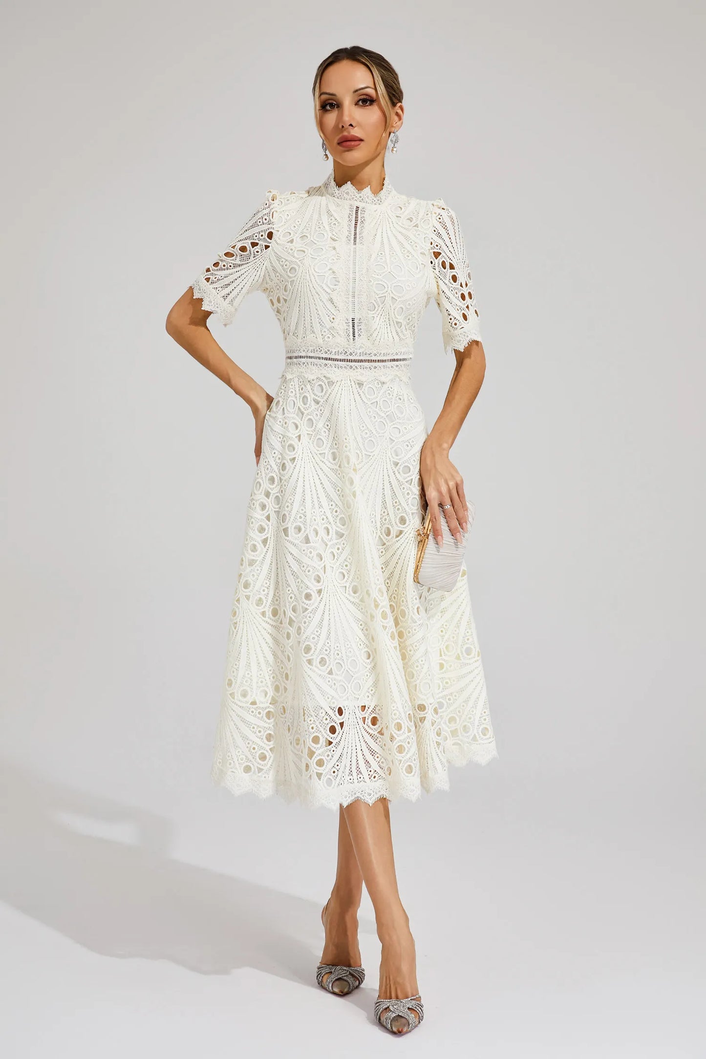 Fernanda | Elegante Abito Midi in Pizzo Bianco da Donna