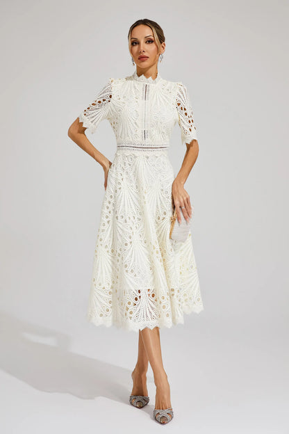 Fernanda | Elegante Abito Midi in Pizzo Bianco da Donna