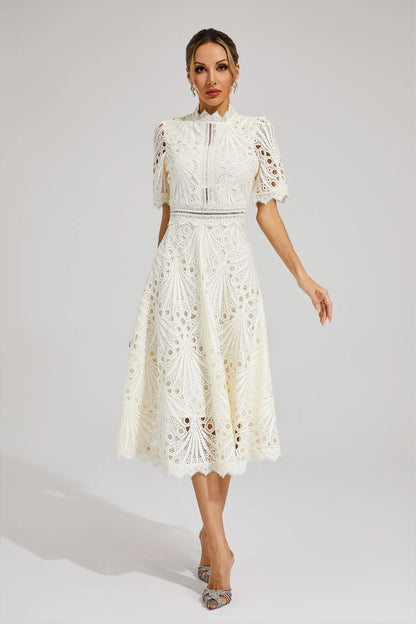 Fernanda | Elegante Abito Midi in Pizzo Bianco da Donna