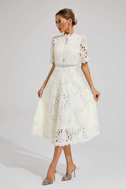 Fernanda | Elegante Abito Midi in Pizzo Bianco da Donna