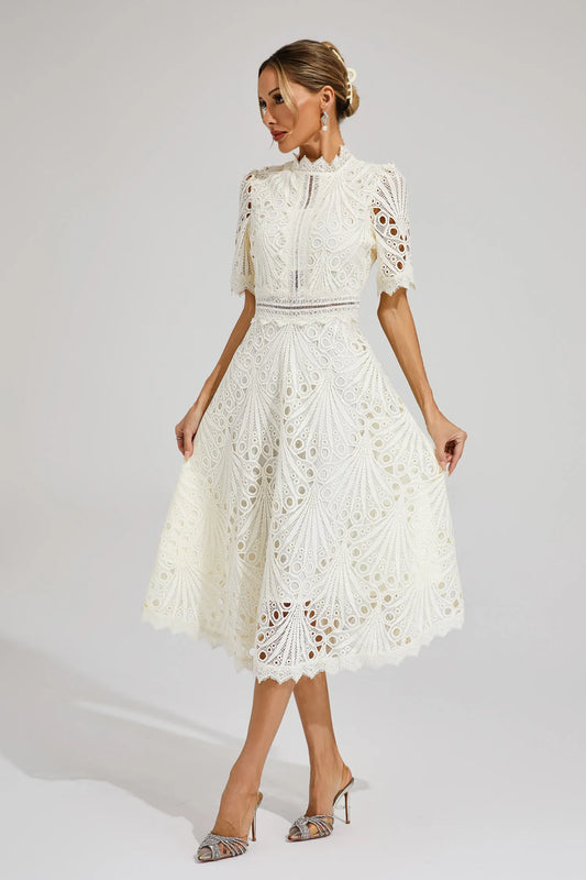 Fernanda | Elegante Abito Midi in Pizzo Bianco da Donna