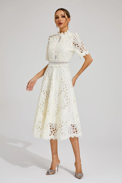 Fernanda | Elegante Abito Midi in Pizzo Bianco da Donna
