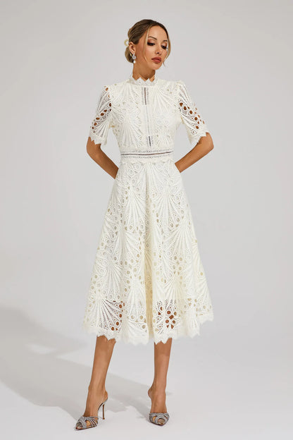 Fernanda | Elegante Abito Midi in Pizzo Bianco da Donna