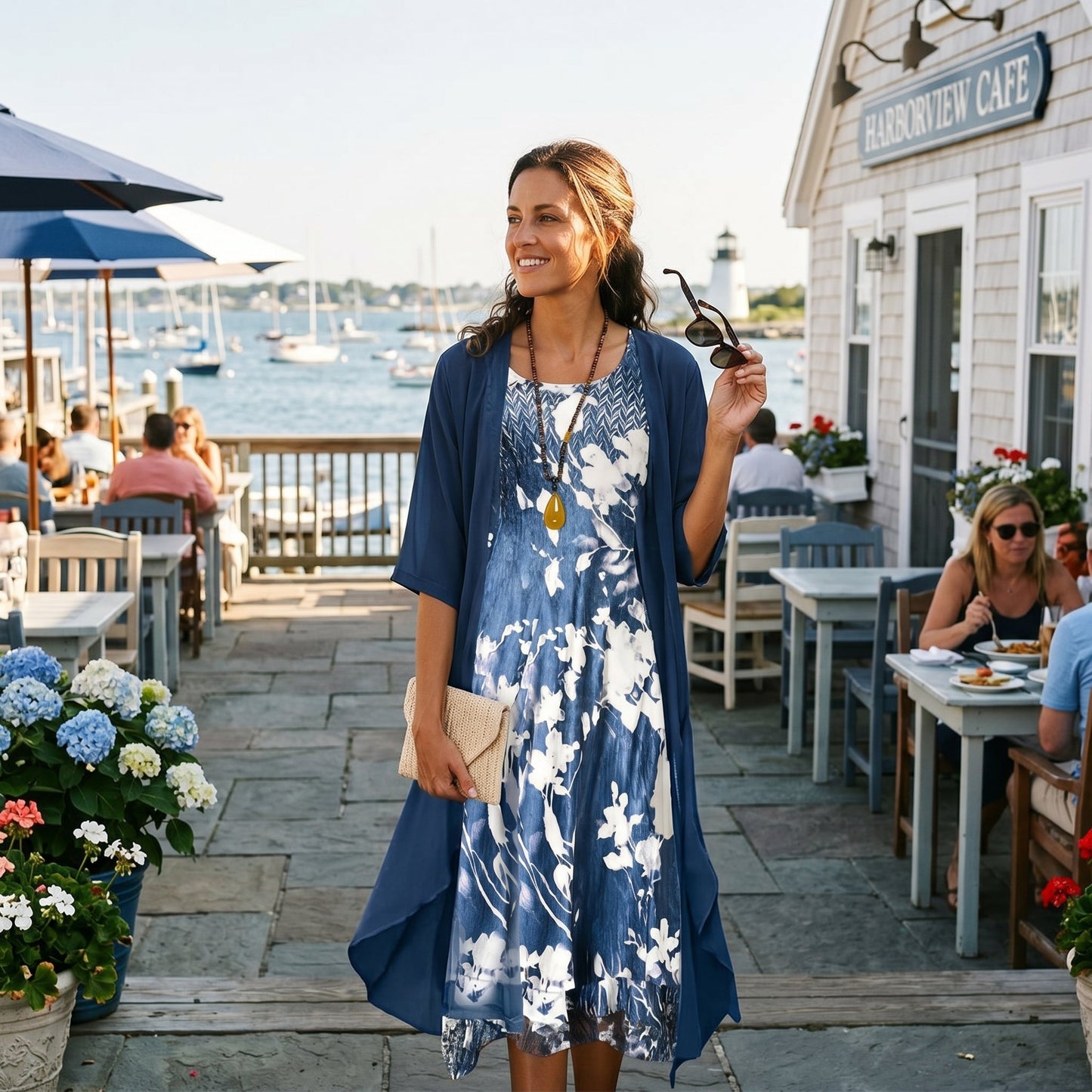 Letizia | Elegante Set Abito Midi Boho Stampato con Cardigan da Donna