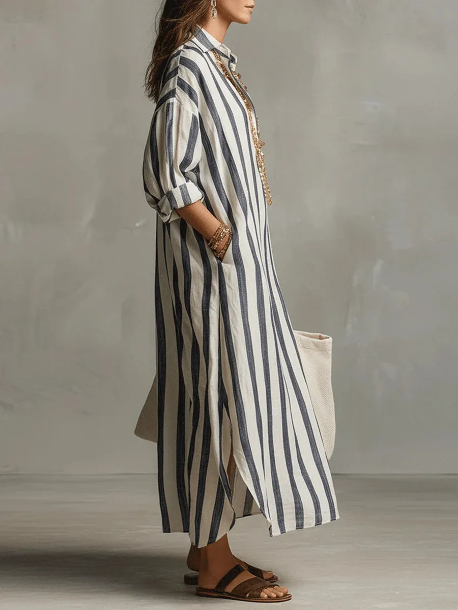 Zaira | Vestito Maxi Estivo a Righe con Abbottonatura da Donna