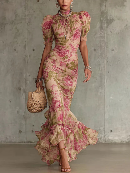 Ines | Vestito Maxi Floreale con Collo Alla Coreana e Maniche a Palloncino da Donna