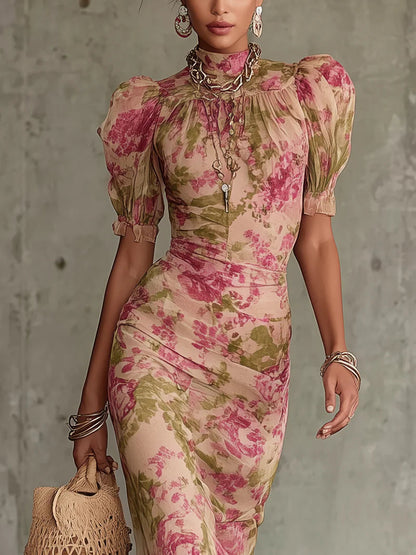 Ines | Vestito Maxi Floreale con Collo Alla Coreana e Maniche a Palloncino da Donna
