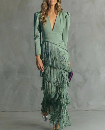 Maria | Vestito Festivo con Scollo a V e Frange da Donna