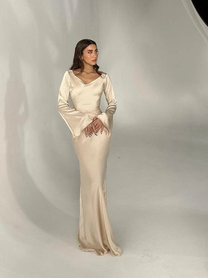 Vittoria | Vestito Maxi Elegante in Raso con Maniche Lunghe da Donna