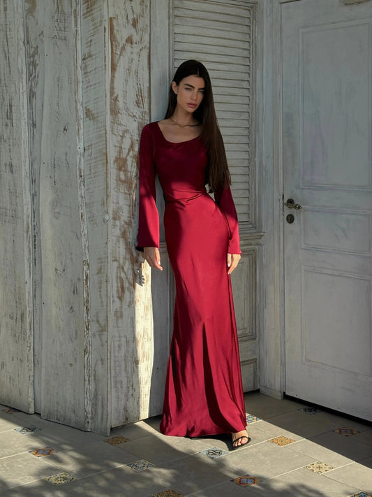 Vittoria | Vestito Maxi Elegante in Raso con Maniche Lunghe da Donna