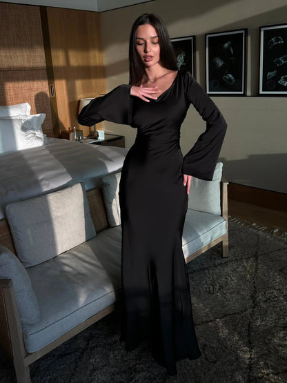 Vittoria | Vestito Maxi Elegante in Raso con Maniche Lunghe da Donna