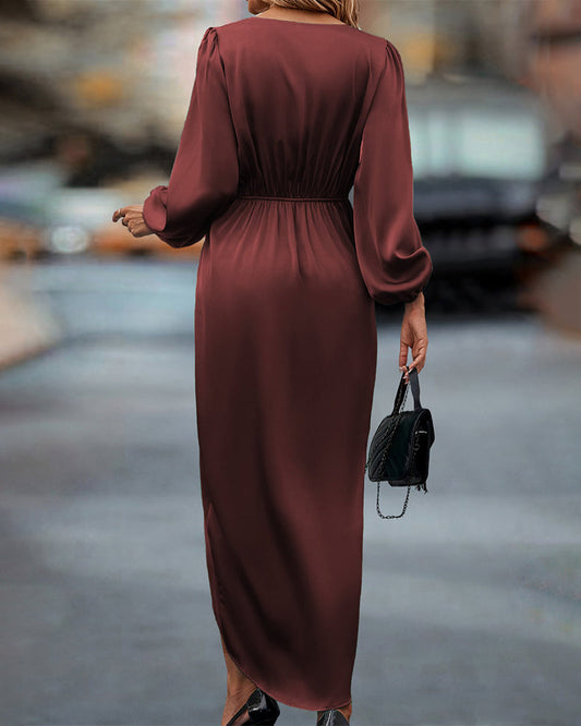 Elsa | Vestito Raso Scollo a V Maniche Lunghe da Donna