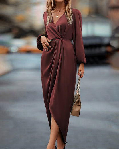Elsa | Vestito Raso Scollo a V Maniche Lunghe da Donna