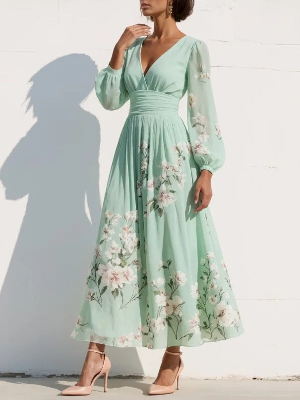 Sara | Vestito Estivo Floreale con Scollo a V e Maniche Lunghe da Donna