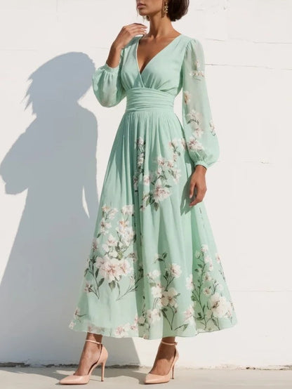 Sara | Vestito Estivo Floreale con Scollo a V e Maniche Lunghe da Donna