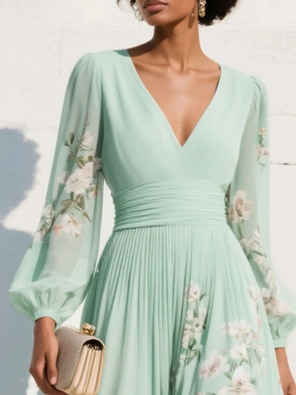 Sara | Vestito Estivo Floreale con Scollo a V e Maniche Lunghe da Donna
