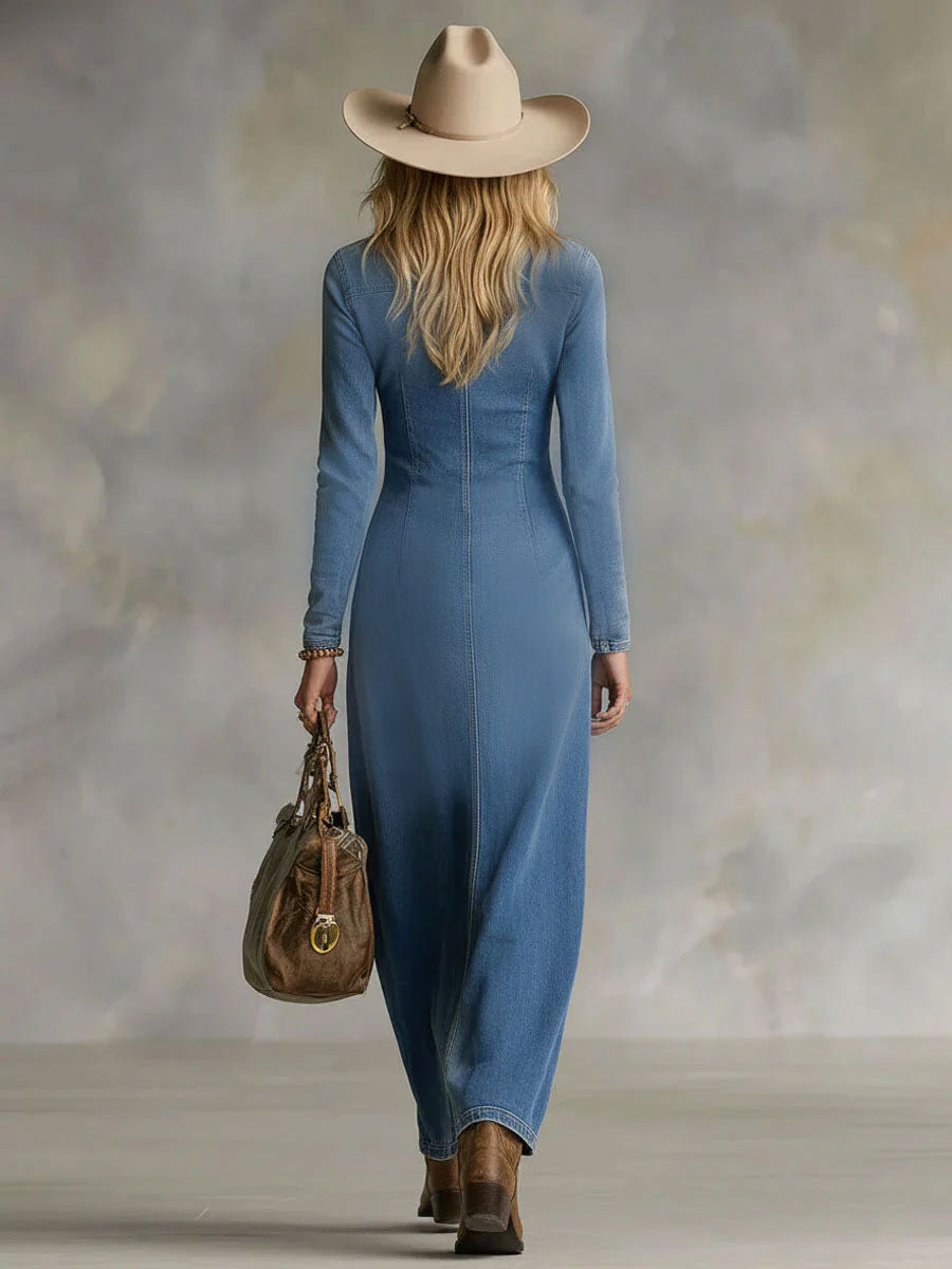 Carla | Vestito Maxi Denim Scollo a V da Donna
