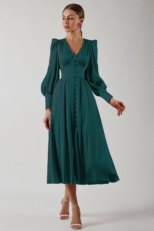 Silvia | Vestito Midi Scollo a V Maniche a Sbuffo da Donna
