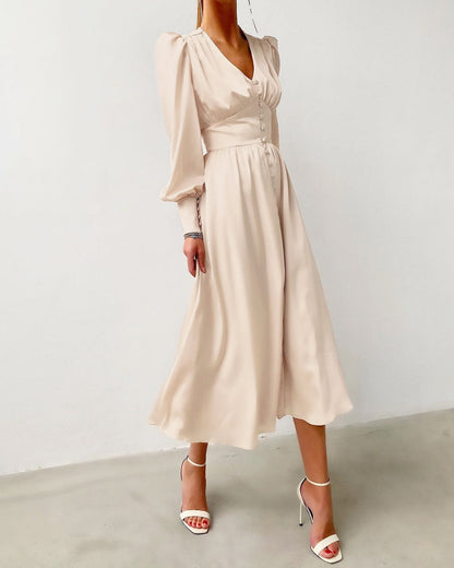 Silvia | Vestito Midi Scollo a V Maniche a Sbuffo da Donna