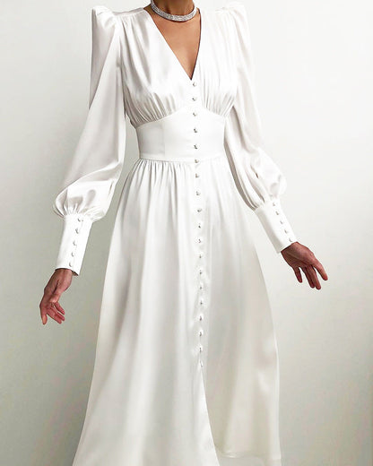 Silvia | Vestito Midi Scollo a V Maniche a Sbuffo da Donna